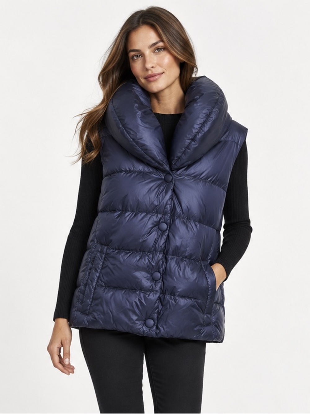 Ermanno Scervino Navy Down Puffer Vest Size 38 Oversized Collar Designer Italy